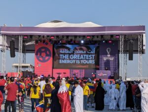 Qatari and Ecuadorian fans await the kickoff of the FIFA World Cup
