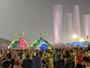 A carnival atmosphere outside Lusail stadium after the Cameroon vs Brazil match